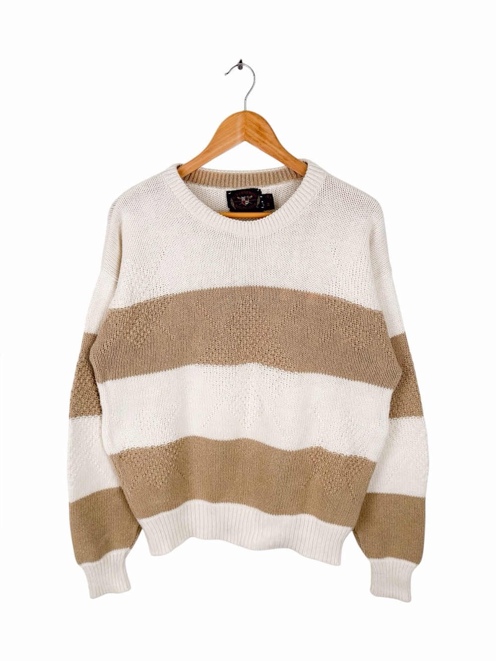 Men's Medium Cotton Sweater Striped Textured Diamond Knit Made USA Vintage 90s